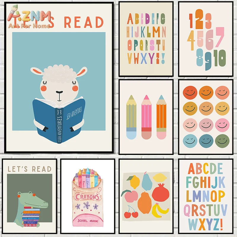 AZNM Alphabet Number Learning Canvas Wall Art Cartoon Animal Reading Print Educational Kids Playroom Nursery Decor Unframed