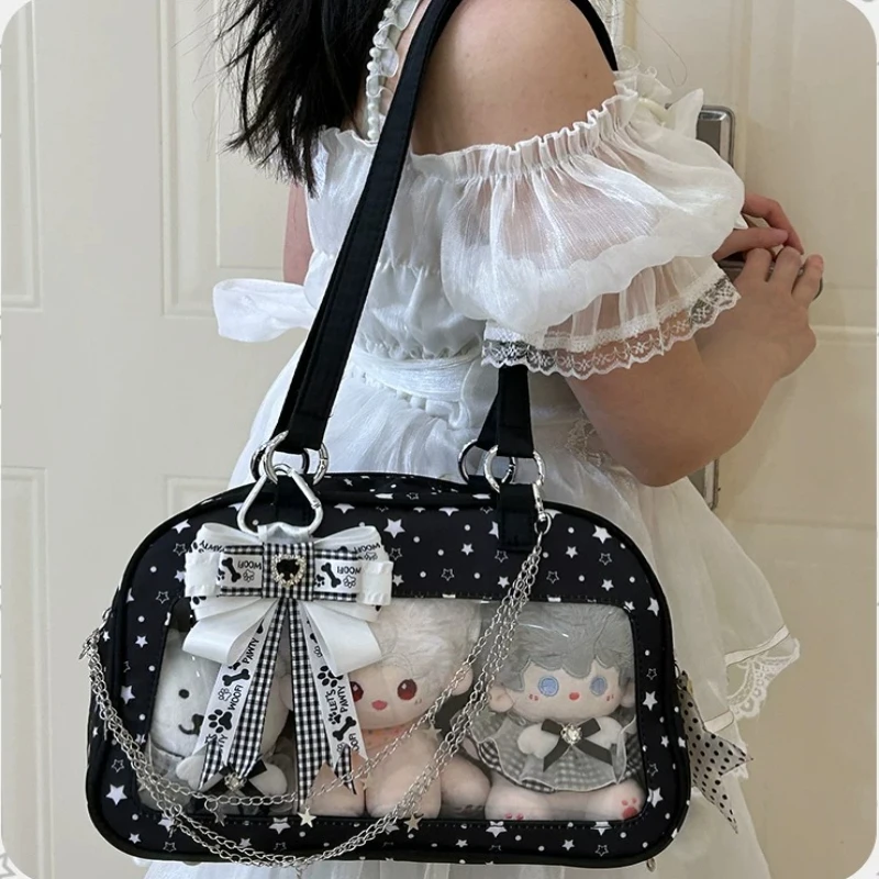 Kawaii Star Print Canvas Second Dimension Comic-Con Itabag Womens Sweet Lolita Bow Decor Transparent Window Doll Display Handbag