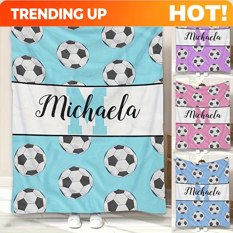 Customize A Customizable Football And Name Throw Blanket, 1pc, Modern Style, Suitable for All Seasons, Washable, Made of 100% Po