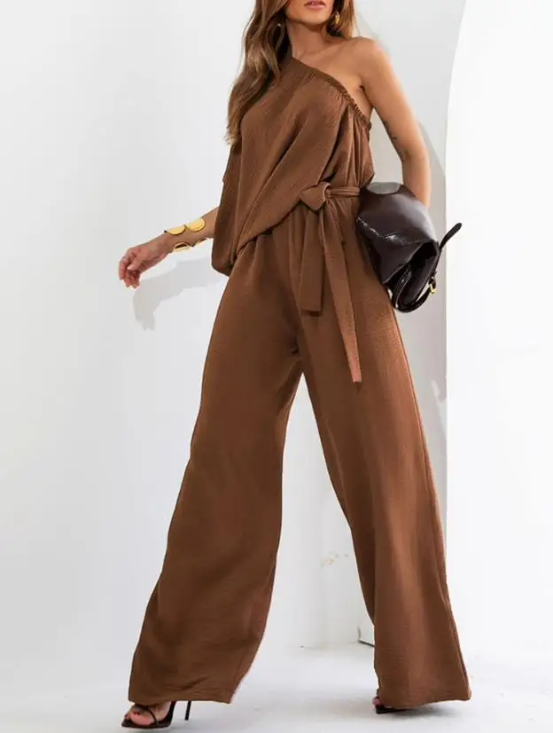 Jumpsuit Women 2025 Spring New Solid Color Cold Shoulder Batwing Sleeve Waist Lace Up Long Jumpsuit Casual Wide Leg Romper