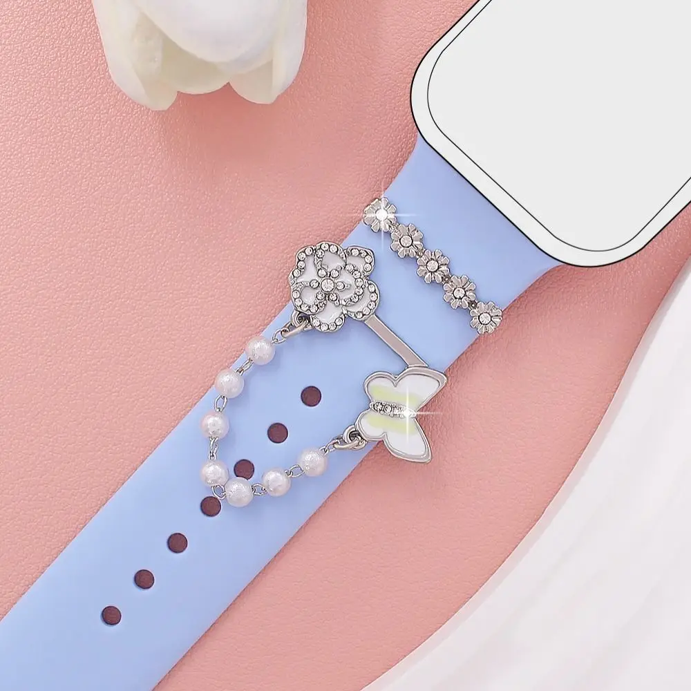 New Metal Watch Band Ornament Bracelet Pearl Diamond Decorative Ring Brooch Wristbelt Charms Strap Accessories