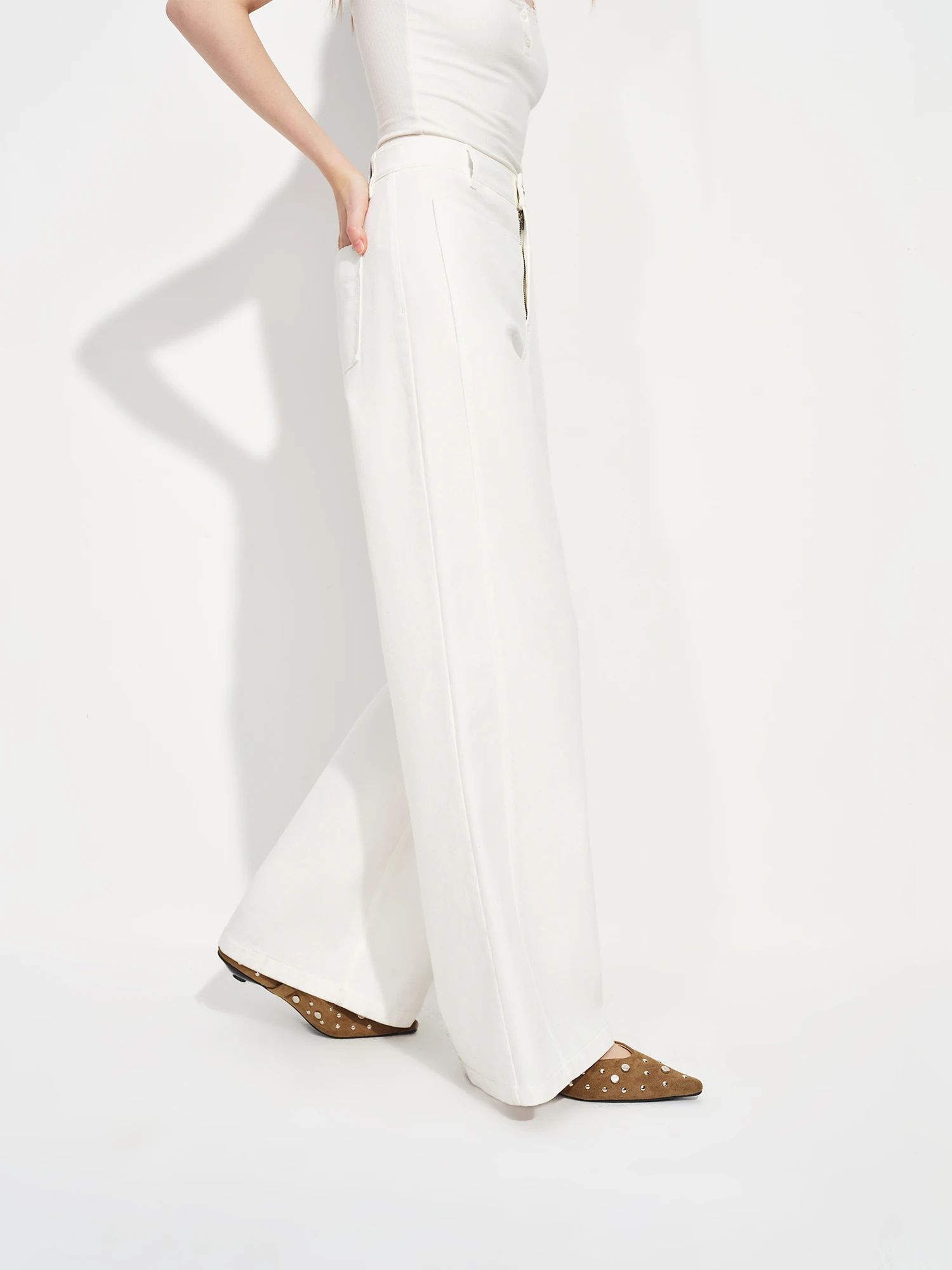FSLE Women's Mid-waist Wide-leg Jeans Spring 2026 New Style Loose White Commuting All-match Basics Solid Simple Ins