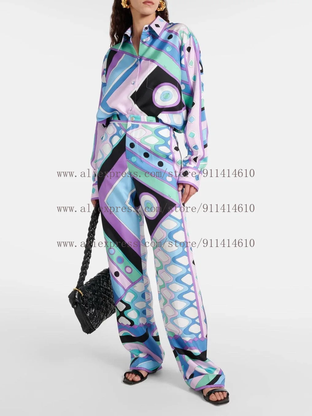 

Y2K Colorful Geometric Print Two Piece Set Women Long Sleeve Button Down Shirt and Pants Outfit