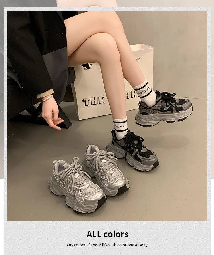 Klobige Plateau-Sneaker für Damen, Herbstmode, dicke Sohle, vulkanisierte Schuhe, rutschfeste, atmungsaktive Freizeit-Sportschuhe aus Mesh – Detail 3