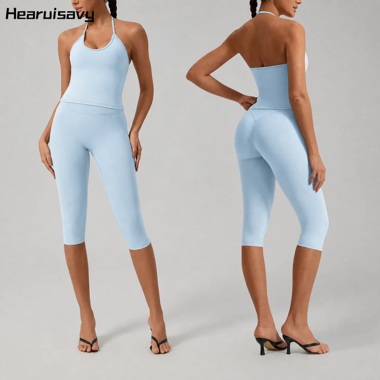 Hearuisavy Womens Yoga Set Halter Tank Top High Waist Capri Leggings Quick Dry Workout Gym Fitness Sports Pants 2Pcs Clothing