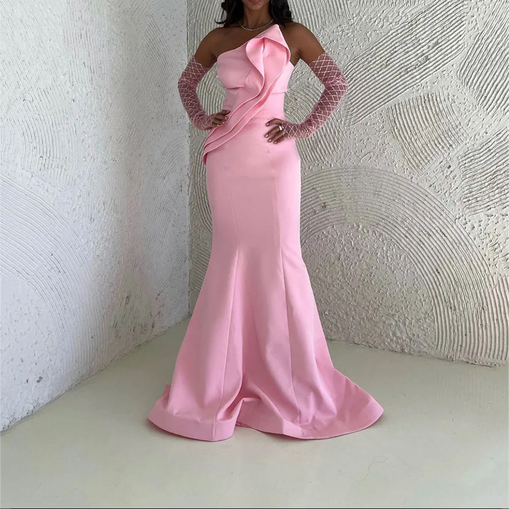 

Customized Strapless Sexy Trumpet Evening Dresses Sleeveless Pleat Floor-Length Prom Gown Simple Sweep Train Party فساتين الحفل