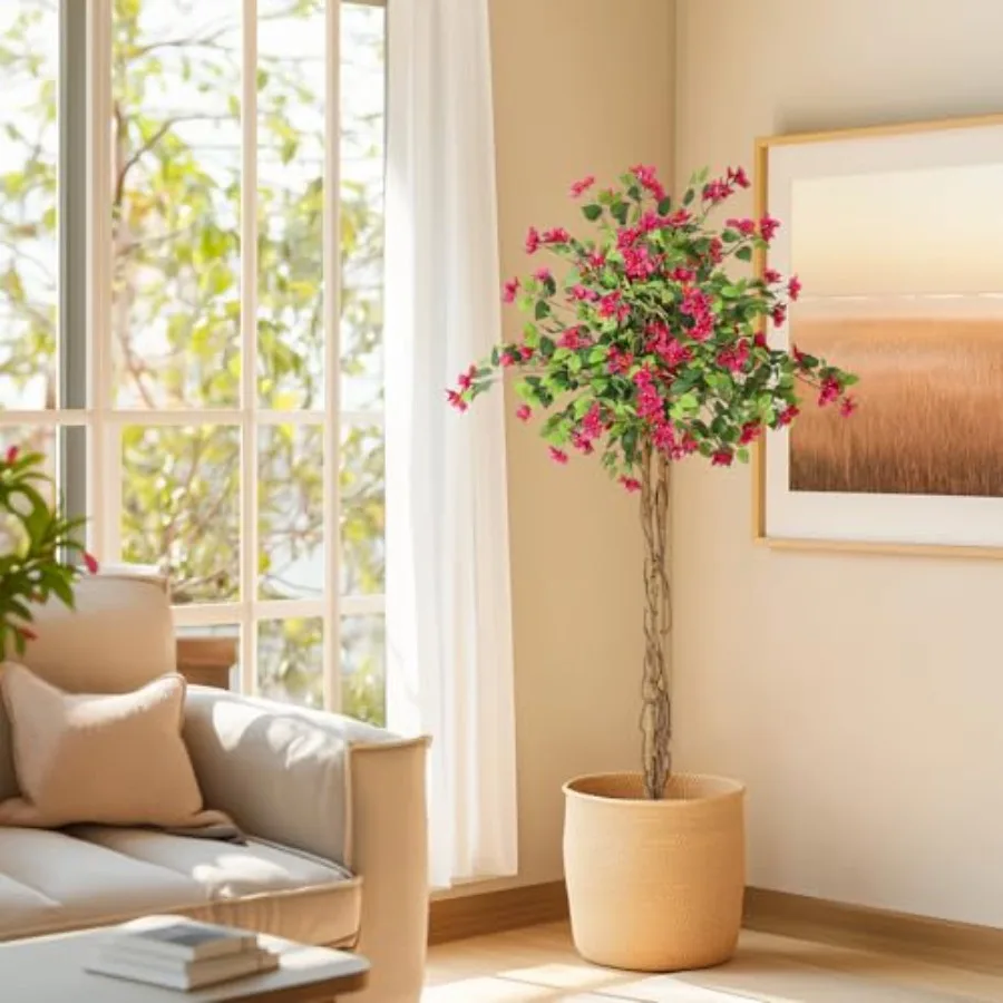 

5 Feet Artificial Bougainvillea Tree, Tall Potted Artificial Plants Indoor, Faux Tree with Wood Trunk and Pink Flowers for Outd
