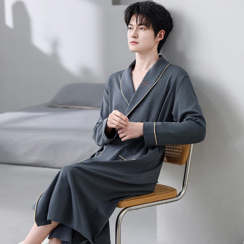 Spring Autumn Bathrobe Men 100% Cotton Sleep Top Kimono Robes For Male Solid Robes Long Bath Robe Bridegroom Robe Dressing Gown