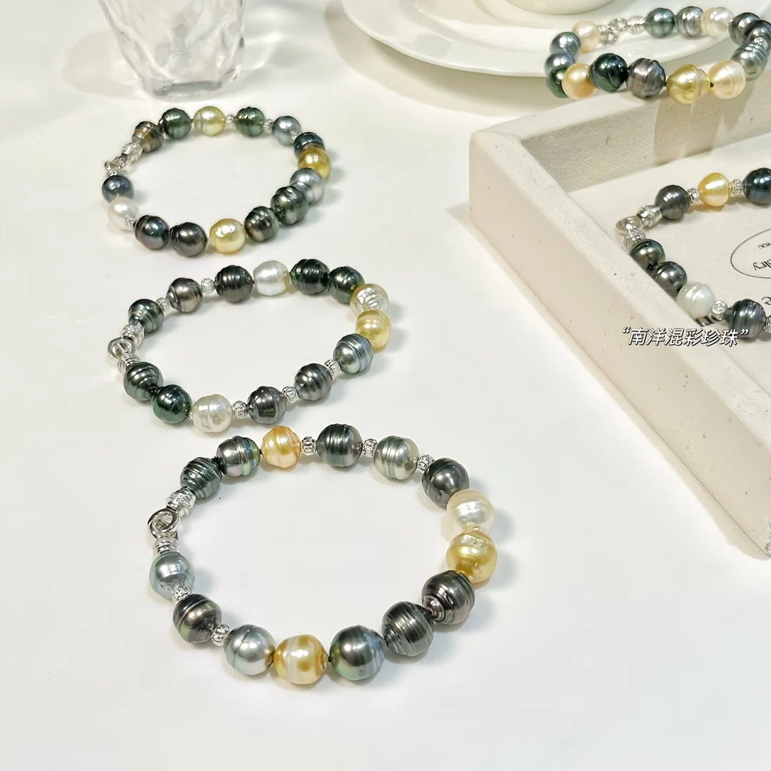 

XX24 High Chic Salt Water 9-11mm Nature Sea Water White Gold and Tahitian Pearls Bracelets for Women Holidays Presents