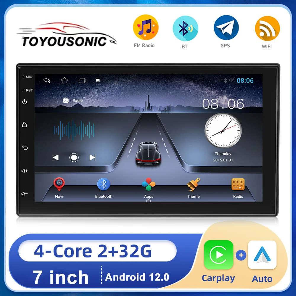 TOYOUSONIC 7 Inch Android Car Radio Player Support Carplay GPS Wifi Universal Car Stereo Android 13 System 2GB 32GB With Mic AHD