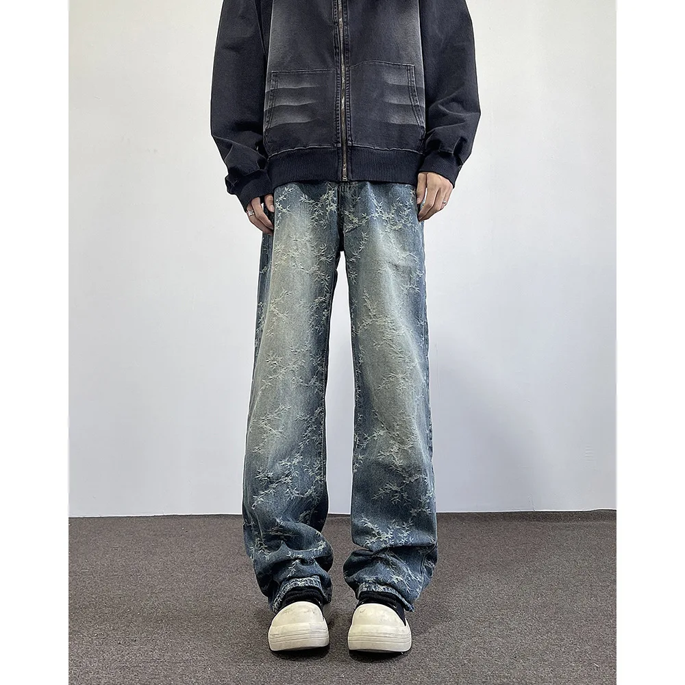 Autumn Thorn Jacquard Jeans Men's Clean Fit Vintage Loose Dad Denim Pants Hand-Painted Streetwear