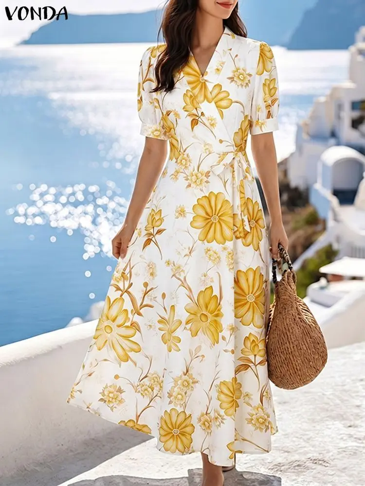 

VONDA Plus Size 2026 Bohemian Dresses Women V-neck Belted Waist Beach Floral Sundress A-Line Party Vestidos Long Robes Femme