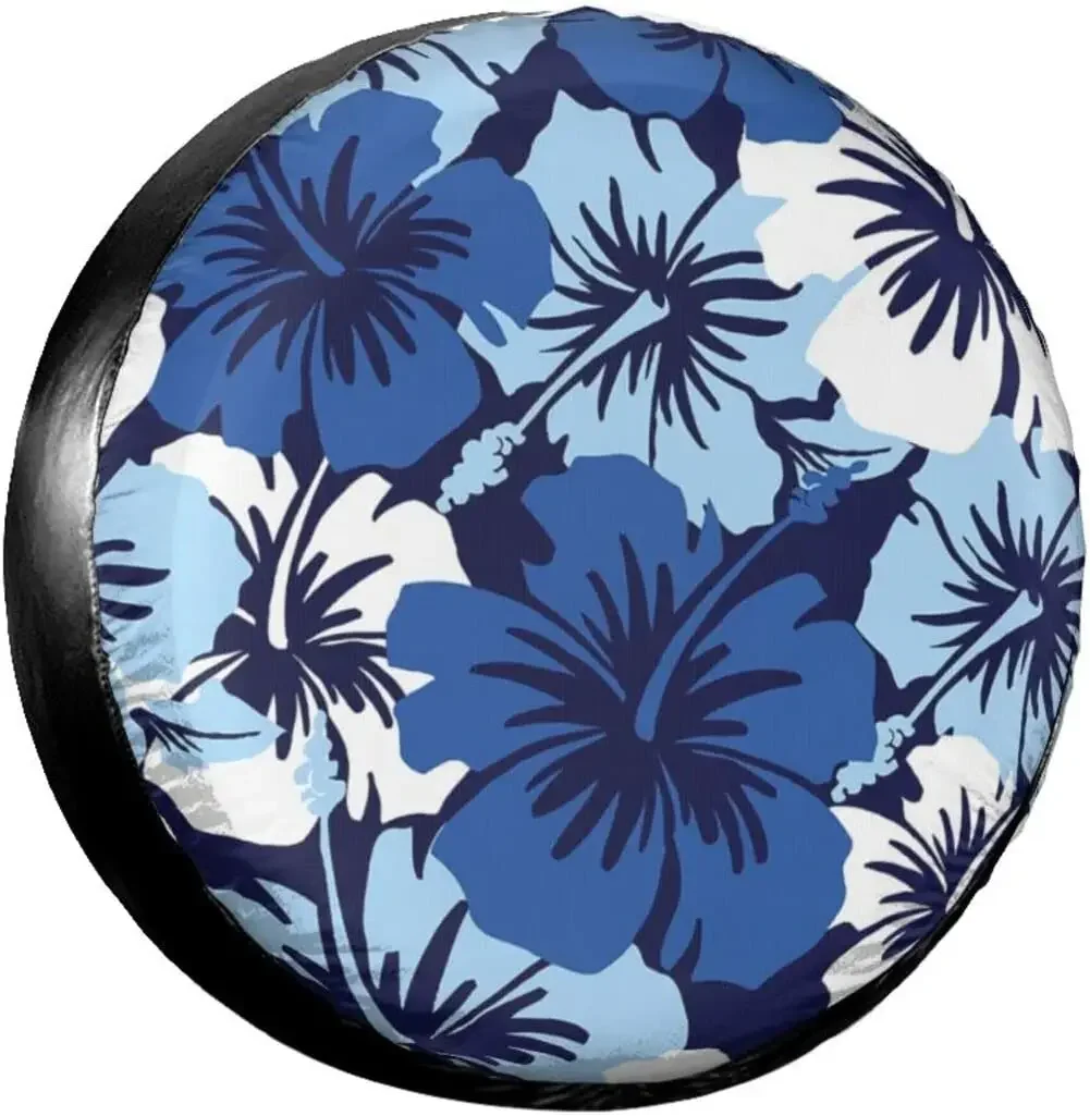 Blue Hibiscus Print Spare Tire Cover Waterproof Universal Wheel Cover Dust-Proof Tire Wheel Protector 14