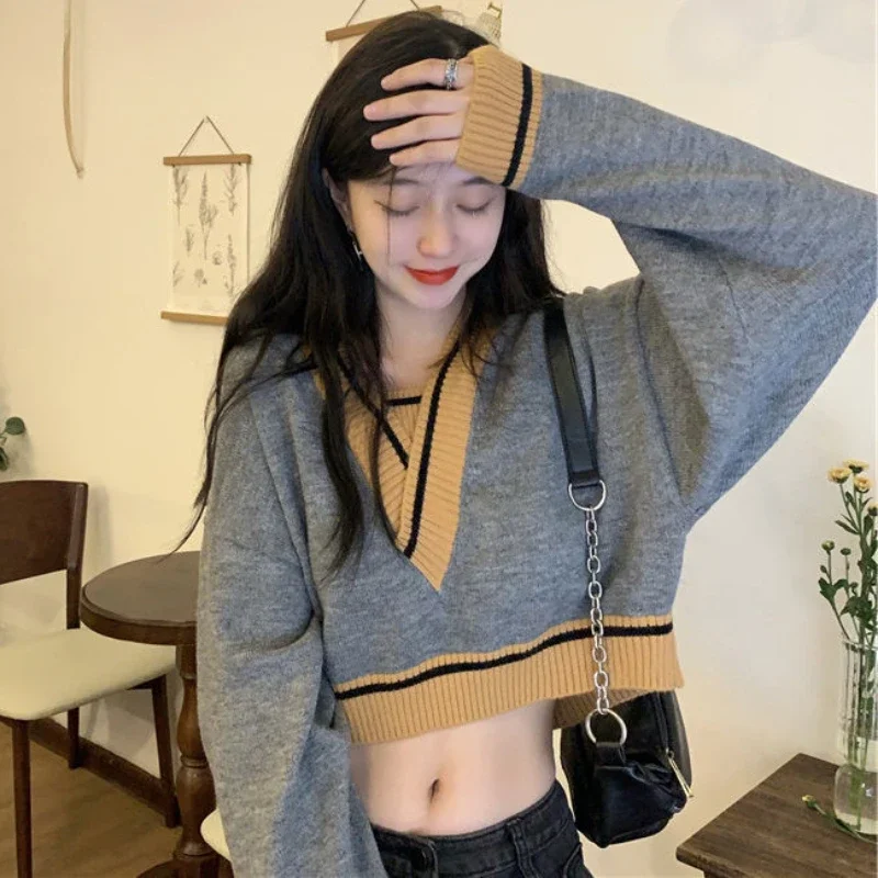 V-neck Pullovers Women Cropped Sweaters Panelled Korean Preppy Fashion Temper Hotsweet Personal High Street Свитер Женский Cozy