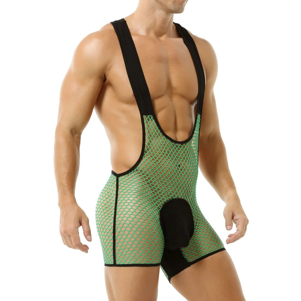 

Elastic Lingerie Men Sexy Jumpsuits Breathable Mesh Gay Sissy Pouch Underpants Erotic Underwear Comfort Bodysuits Thin Trunks
