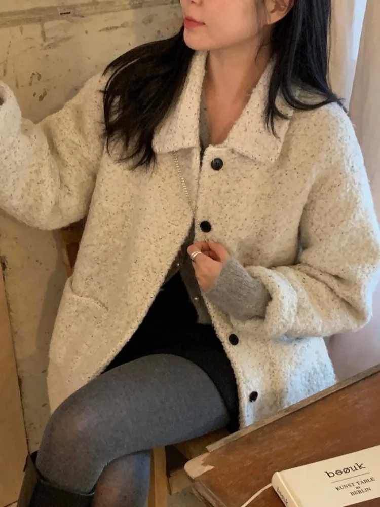 

Ele Korean Sle Single Button Woolen Coat Women's Vintage Collar Winter Faion Outerwear Classy Lapel Coat