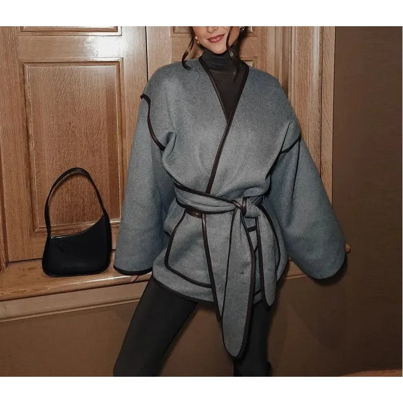 European and American 2025 Autumn Women's Irregular Strap Short Coat Elegant Retro Grey Belt Commuter Coat