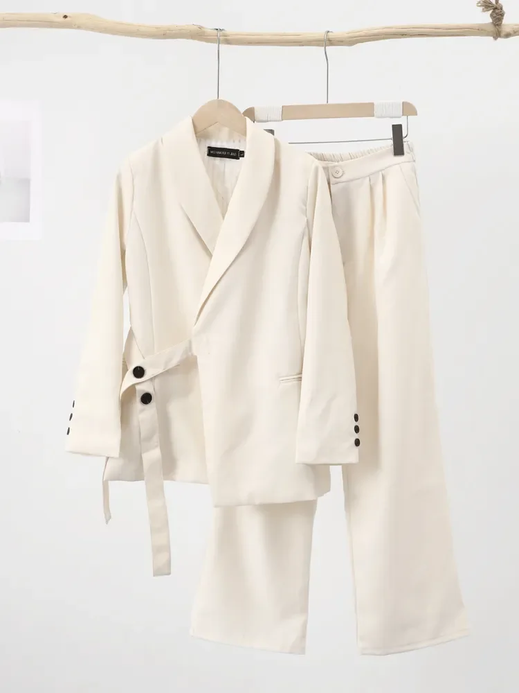 Office Lady Blazer Belt Pant Suits Women\'s Pantsuit Korean Version Notched Baggy Pants Autumn Elegant Euality Chic Women Outfit