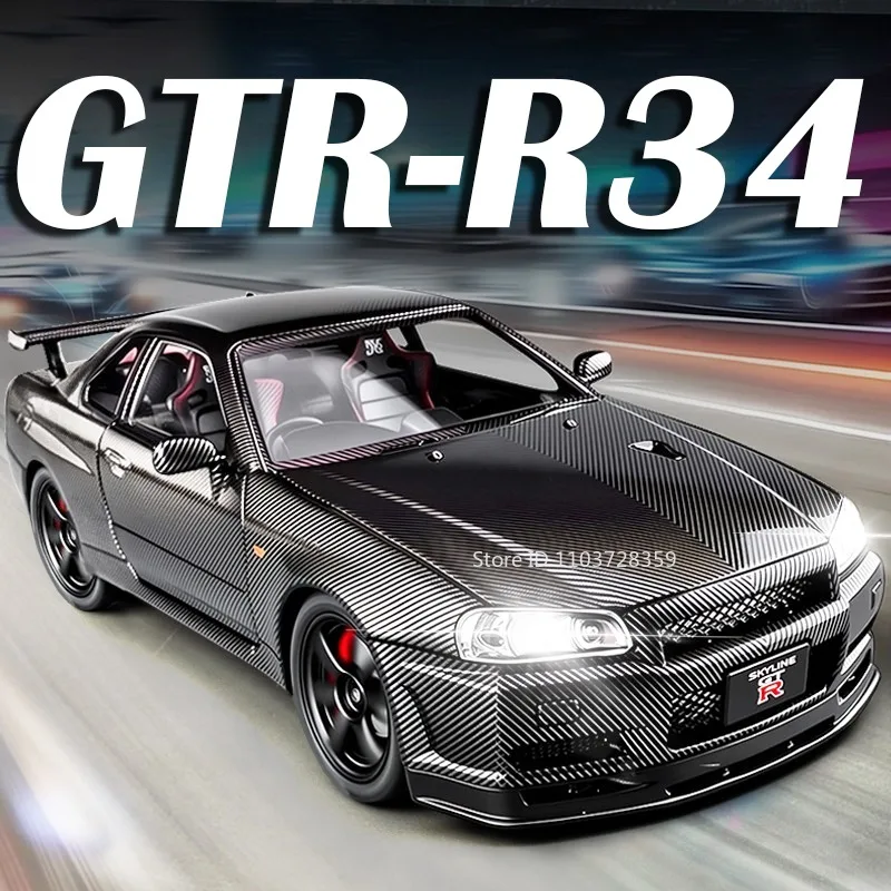 1:24 GTR R34 Modell Spielzeug Sportwagen Legierung Druckguss Sound Licht Tür geöffnet zurückziehen Simulation Supercar für Jungen Freund Geschenke