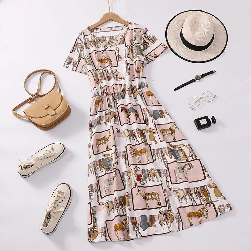 Fashionable Short Sleeve Midi Dress for Middle-Aged Mothers Southeast Asian Style Casual Loose Fit round Neck Long Skirt