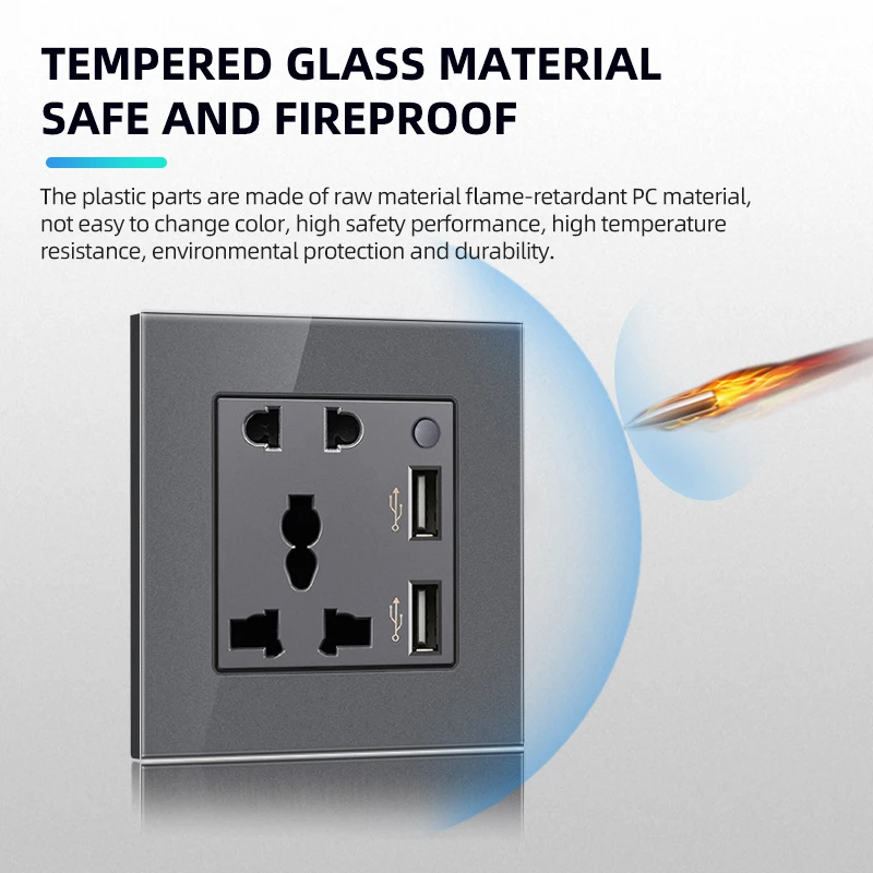 PSSRISE 86 French EU RU UK Wall Switch Socket with DC 5V 2.1A USB Type-c Charger Tempered Glass Panel Light Switch Power Outlet