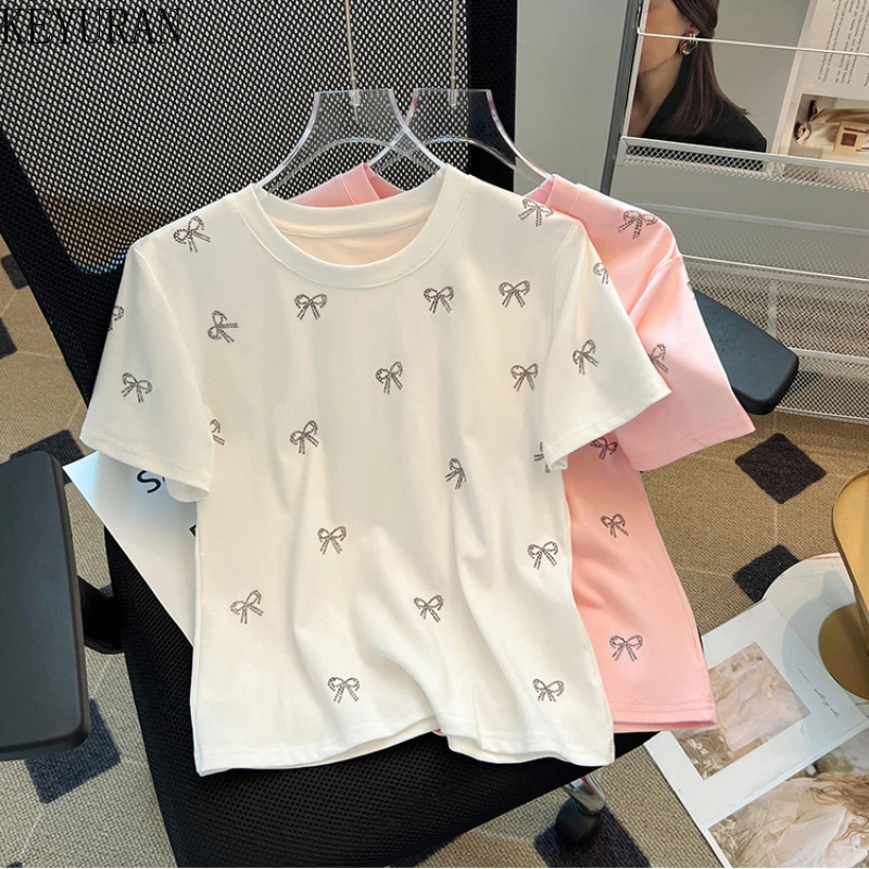 

New 2024 Summer Hot Drill Bow Cotton Short Sleeve T-shirt Women's Fashion O-neck White Black Tops Casual Tees Female T Shirts