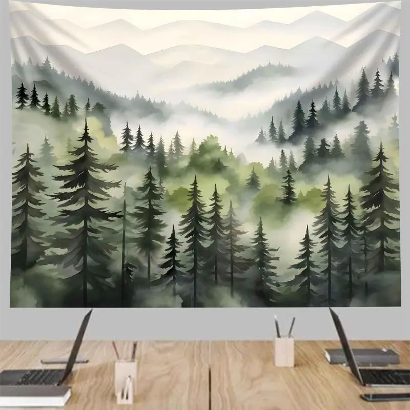 VIKAMA Misty Forest Pine Mountain Fog Wall Tapestry Gray Green Watercolor Tree Nature Landscape Scenery Bedroom Living Room Dorm