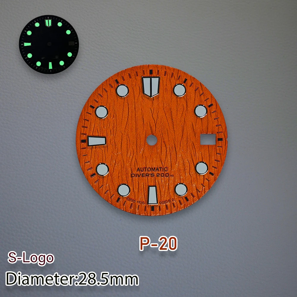 28.5mm S Logo Bark Dial Suitable For NH35/NH36/4R/7S Movement Green Luminous High Quality Watch Modification Accessories tools