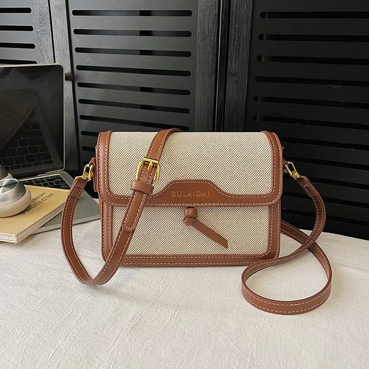 

Minimalist Retro Box Bag for Women, Canvas Leather Trim Handheld Cosmetic Bag, Portable Daily Crossbody Shoulder Handbag