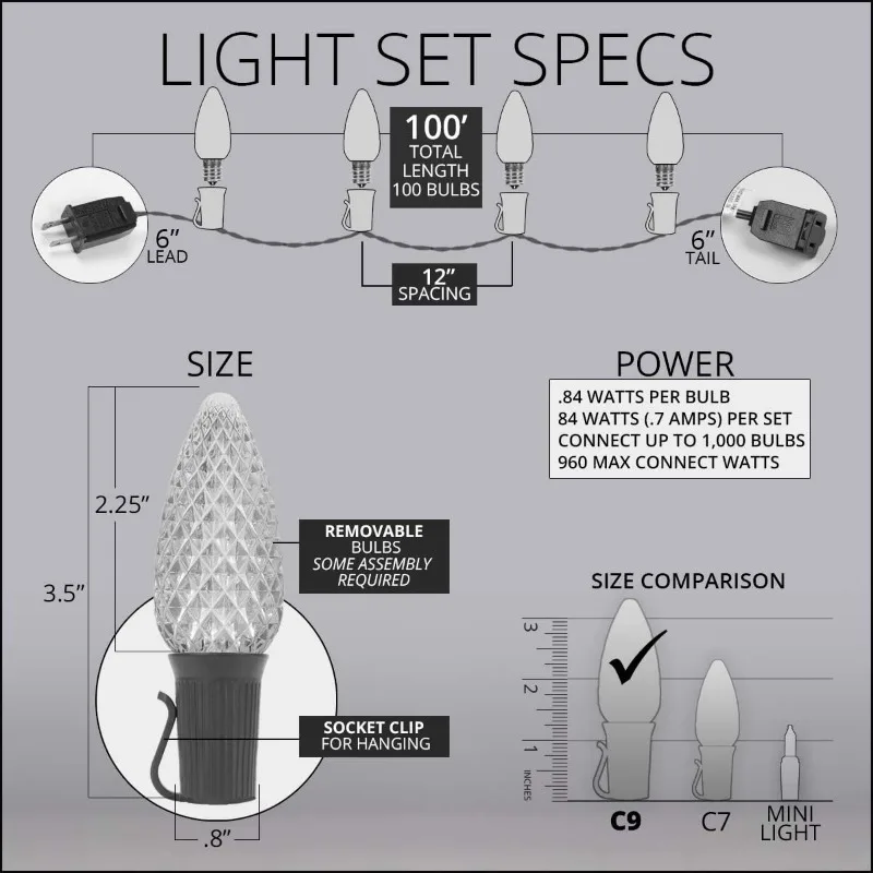 Luces navideñas comerciales para exteriores LED C9 OptiCore: luces navideñas resistentes; (100 luces, 100 pies, multicolor)