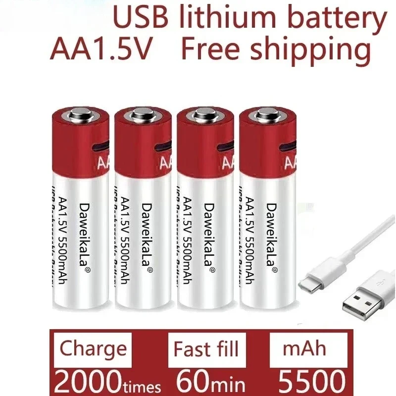 2025 AA/AAA USB بطارية ليثيوم أيون قابلة للشحن 1.5 فولت 5500 مللي أمبير/بطارية ليثيوم أيون ساعة للعب مشغل MP3 ميزان الحرارة لوحة المفاتيح + كابل #1