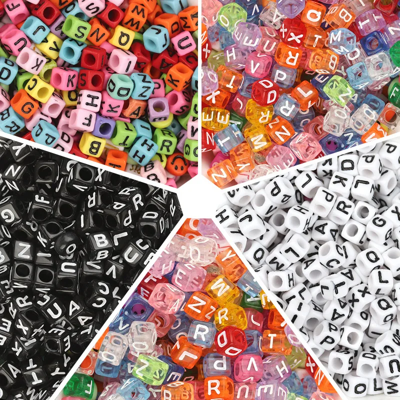 

Newest 400pcs 6*6mm Transparent Solid Colors Cube Square Acrylic Plastic Letter Beads English Alphabet Initial Bracelet Spacers