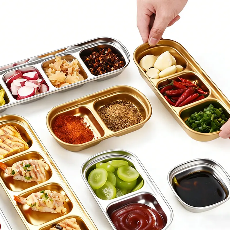 1/4 Pcs Stainless Steel Divided Seasoning Sauce Dip Bowl, 1/2/3/4 Compartment Korean Ketchup Sauce Bowl for Home Restaurant