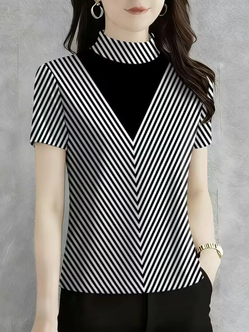 Fashionable Printed High Collar Short Sleeve T-Shirt Women's Base Layer Top Spring New Style Casual Fit Universal Size