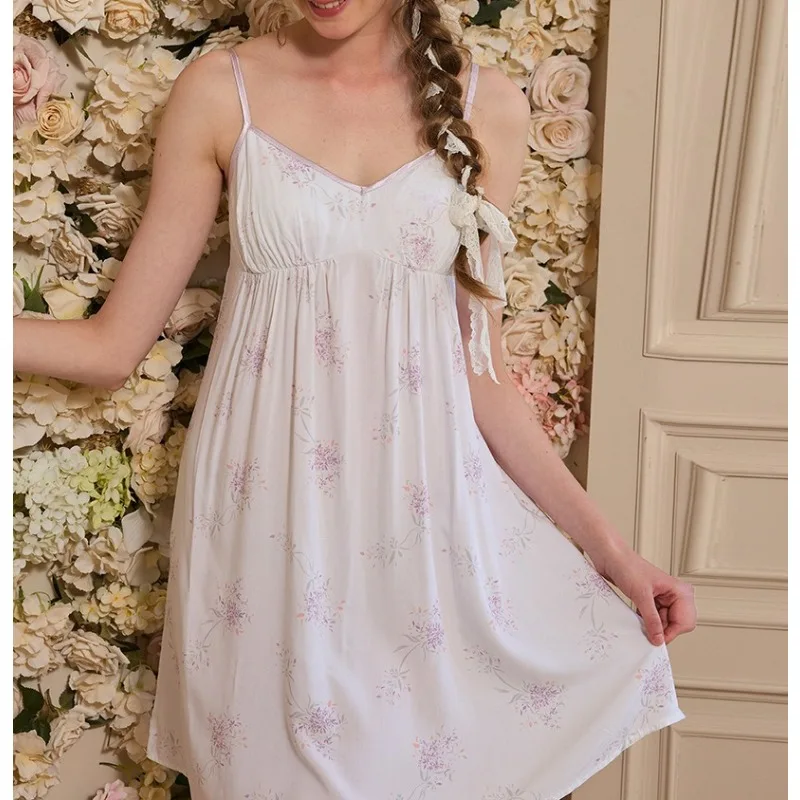 

Summer Romantic Wisteria Flower Suspender Nightdress Silk Ribbon Chest Pad Sweet Princess Gentle Wind Pajamas Girl Loungewear