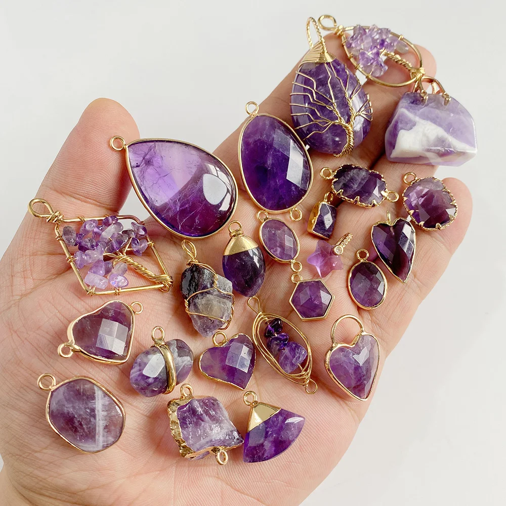 2PCS Natural Amethyst Pendant Charms Purple Crystal Star Sun Water Drop Shape For DIY Making Jewelry Necklace Bracelet