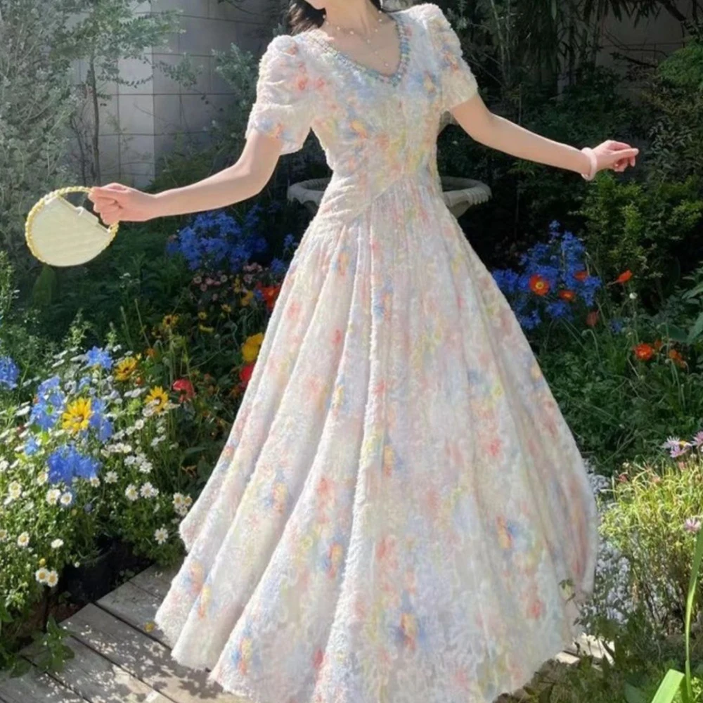 

Summer new long dress waist flower new film dress summer short sleeve French lace heavy industry lining