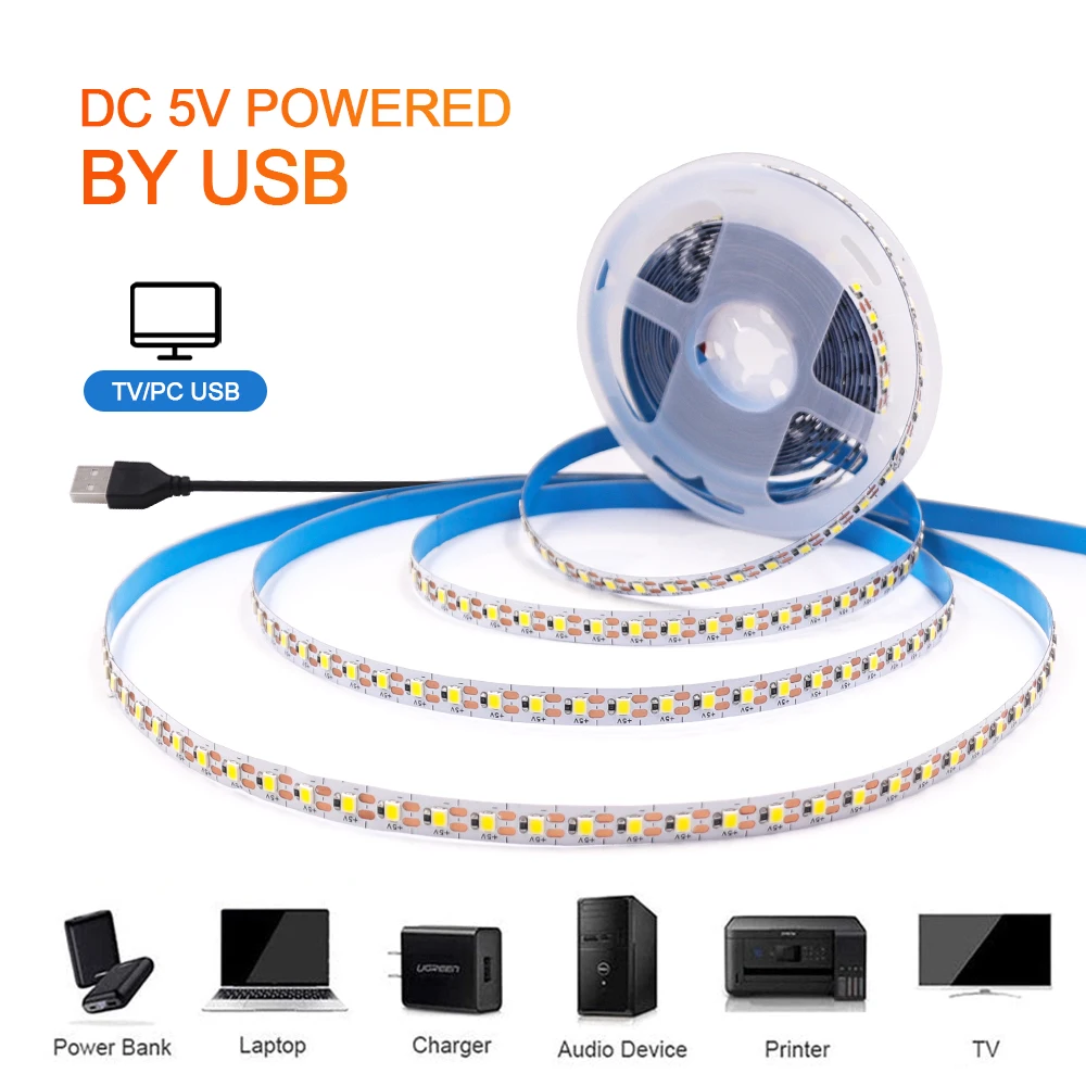 Tira de luces LED USB para decoración del hogar, cinta Flexible de 5V CC, SMD 2835, 120LEDs/M, 3000K, 4000K, 6000K, ancho de 3MM, 5MM, 8MM