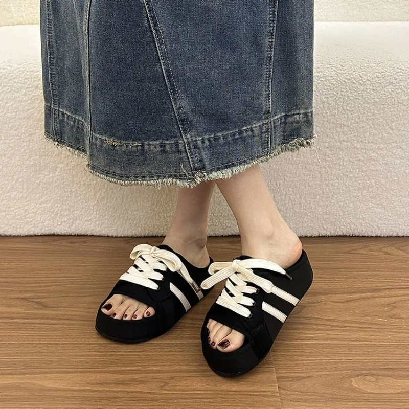 Thick Bottom Lacing Flat Bottom Slippers Fashion Round Head Open Toe Non-slip Soft Bottom