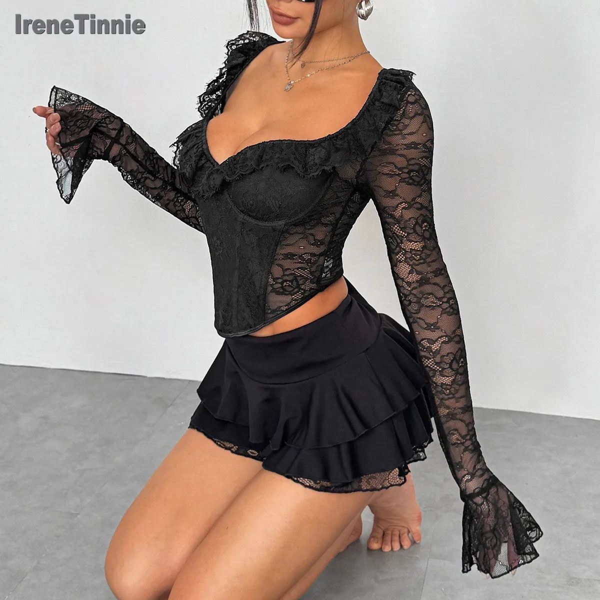 IRENE TINNIE Ruffled Lace Corset Top - Slim Long Sleeve Shirt