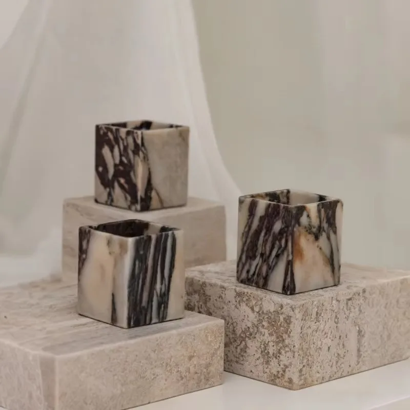 Empty Natural Marble Square Candle Holder Candlestick Candles Vessel for Home Christmas Wedding Room Decoration Jewelry Storage