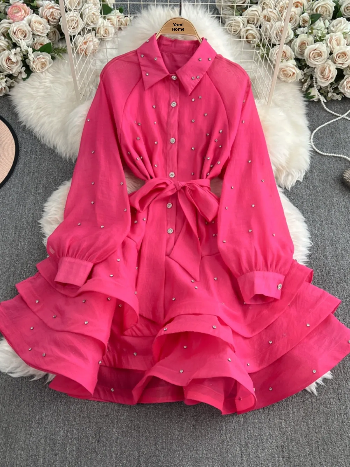 Faionable Diamond Embellished Puffy Sve Midi Dr Gonna da donna a vita alta dimagrante ecian Sle Gonna coreana Sle lunga Sve