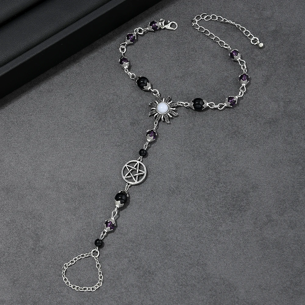 Halloween Witch Occult Hand Chain Bracelet Pentagram Sun Design Beaded Hand Harness Bracelet Ring Gothic Wicca Jewelry for Women
