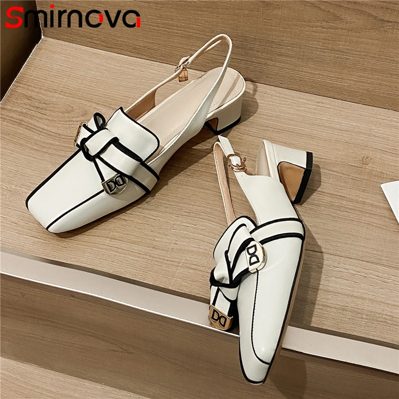 

Smirnova Size 34-46 New Genuine Leather Sandals Women Shoes Slingbaks Square Toe 4cm Med Heels Party Dress Shoes Fashion Lady