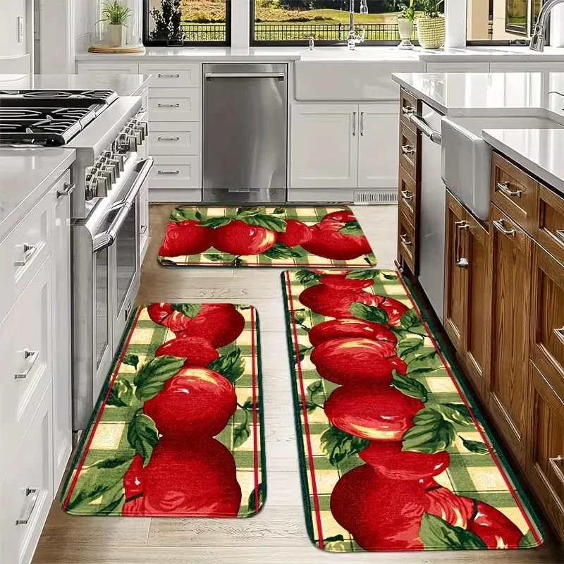 Cute Red Apple Print Kitchen Counter Mat Easy To Clean Soft Floor Rug for Dining Room Living Room Bedroom Spring Home Decor