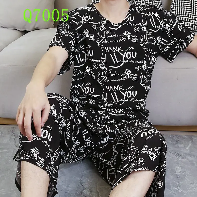 New Style Gentleman Pure Cotton Short Sleeve Pajamas Cropped Pants Set Summertime Loose Fallow Loungewear Can Be Worn Outside