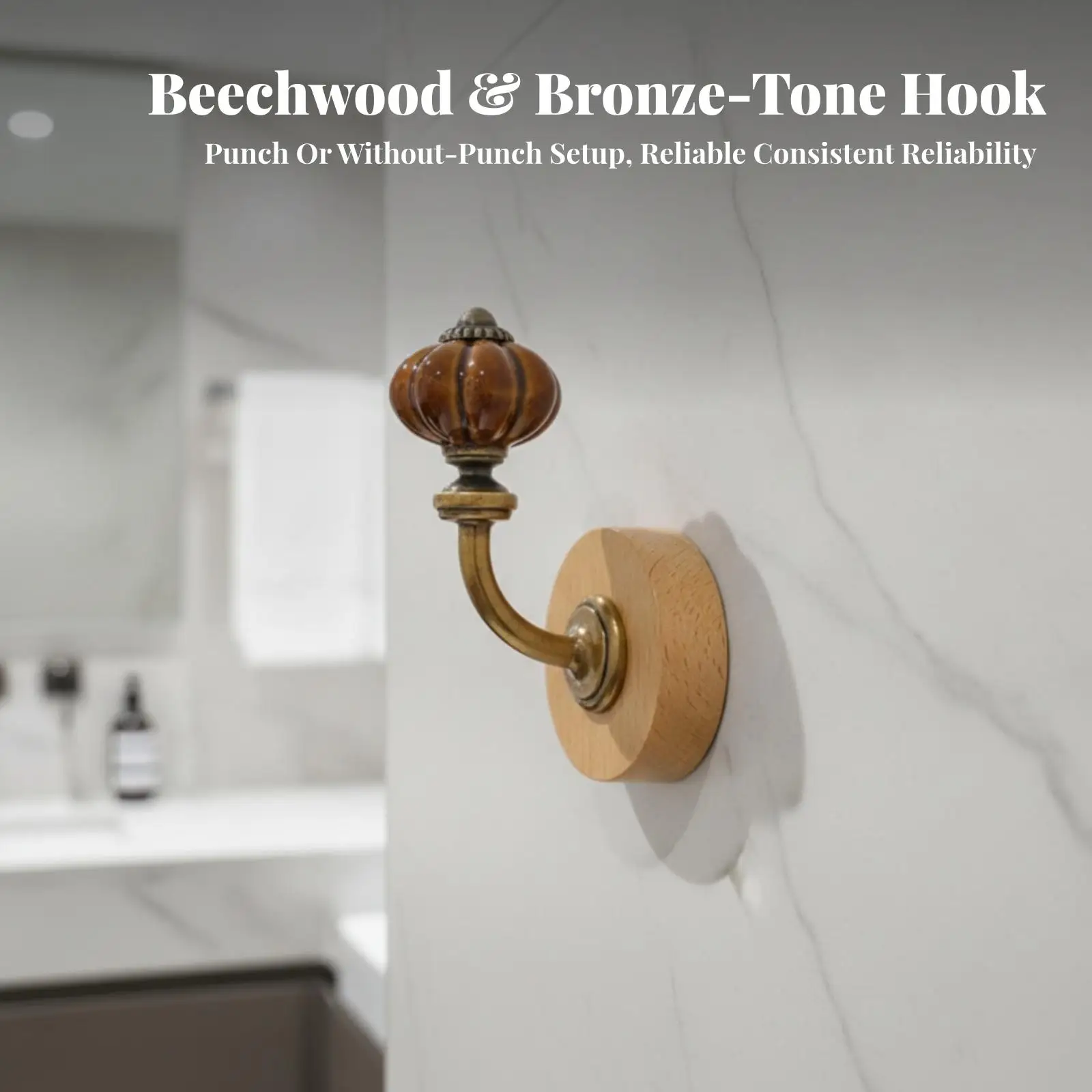Wooden Base Coat Hook with Ceramic Finial Decorative Pumpkin Finial Wall Hook No Drill Wood Peg with Mount for Homeowners,