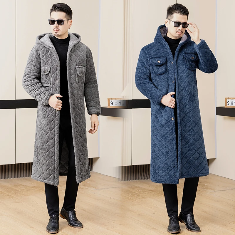 معطف مبطن بالقطن من Thiened للرجال ملابس منزلية طويلة فوق الركبة ملابس عمل دافئة مبطنة بالقدمين كاجوال Sle Faionable U... #1