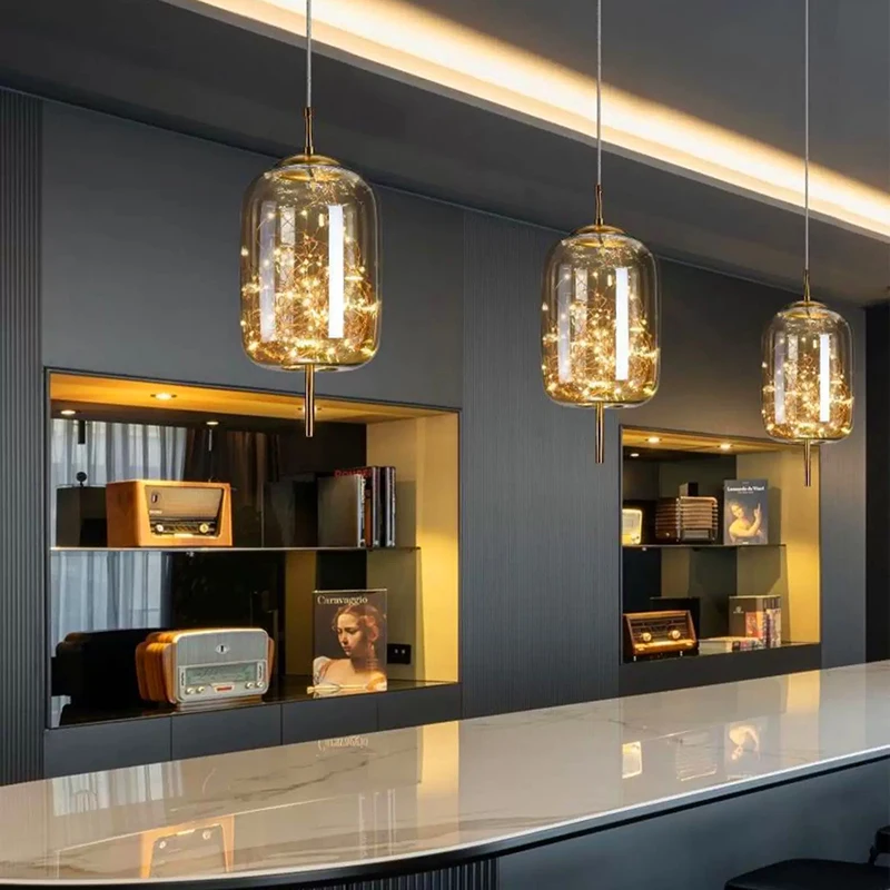 

American Amber glass Rectangular LED Chandelier lustre A chaotic design with twinkling stars Ceiling for Kitchen Island Dimmable