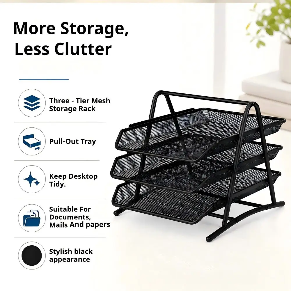 Desktop Iron Mesh File Organizer, 3‑4‑Tier Document Storage Tray, Metal Basket for Office Paper Sorting and Business Workspace